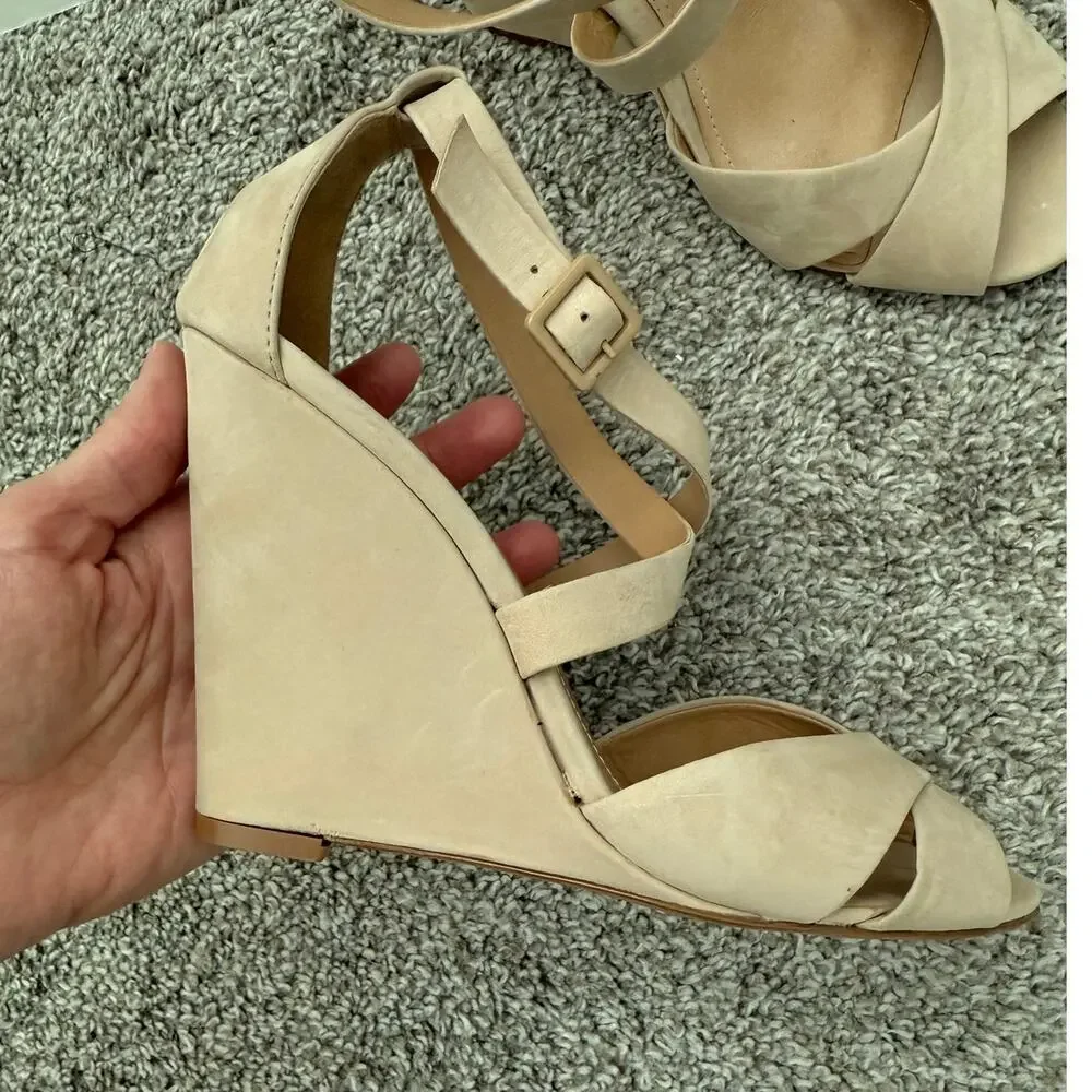 Schutz Wedge Strappy Sandals Beige Nubuck Size 8